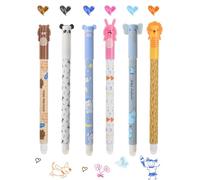 Juego de 6 bolígrafos borrables, bola en el extremo para quitar la tinta, bolígrafos de gel borrables de 0,7 mm, varios diseños de animales y colores de tinta, mono, elefante, panda, conejo, león, oso