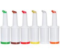 Juego de 6 botellas Store N Pour de 1 cuarto de galón con boquillas y tapas, 32 onzas Flow-N-Stow Bar Contenedores de almacenamiento de licores de frutas, kit de camarero