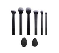 Juego de 6 brochas de maquillaje negras de tubo largo para polvo, cejas, sombra de ojos, 2 esponjas de maquillaje
