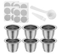 Juego de 6 cápsulas de café reutilizables de acero inoxidable, 37 x 24 mm, fácil de usar con cepillo, filtro de repuesto con cuchara para Nes.presso Essen.za Iniss.ia