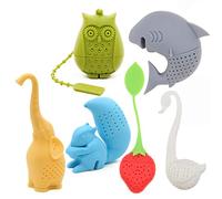 Juego de 6 coladores de té de silicona ecológicos con diseño de elefante, tiburón, cisne, ardilla, fresa, búho, té, regalo para amantes del té