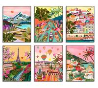 Juego de 6 Cuadros de Viajes de Ciudades Coloridas, Decoración de Pared de Paisaje Urbano Moderno, Láminas de Ciudades Europeas en Lienzo, Carteles Costeros para Sala o Dormitorio, sin Marco