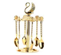 Juego de 6 cucharas de café de metal dorado estilo europeo, cucharita de postre con motivo de cisne y incrustación de diamantes de imitación, cuchara agitadora elegante para