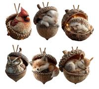 Juego De 6 De Animales del Bosque: Bellotas Y Piñas Colgantes. Navideños Planos De Acrílico En 2D para El Árbol De Navidad. Decoración Navideña para El Hogar.