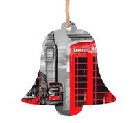 Juego de 6 decoraciones navideñas con diseño retro de Inglaterra, Reino Unido, diseño de teléfono de Londres, árbol de campana, muñeco de nieve, adorno de madera para colgar en Navidad