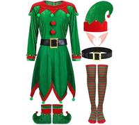 Juego de 6 disfraces de elfo de Navidad para mujer, vestido de ayudante de Papá Noel de terciopelo con sombrero de elfo, zapatos, orejas, cinturón y calcetines, traje completo de Navidad para