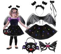 Juego de 6 disfraces de Halloween para niños, disfraz de murciélago, falda LED de tul, alas de murciélago, varita mágica, diadema, máscara, bolsa de fieltro, para Halloween, fiestas, etc
