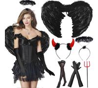 Juego de 6 disfraz de ángel negro para mujer, disfraz de ángel con alas negras, cuernos de diablo, diadema, tenedor, varita mágica y medias para Halloween, carnaval, cosplay