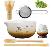 Juego de 6 escobas Matcha, el juego de matcha incluye batidor de matcha, cuenco, cuchara, colador y soporte para batidor, juego de té de cerámica matcha, juego de té japonés adecuado para los amantes