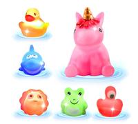 Juego de 6 juguetes de baño para bebé luminosos con luz de color dinámica, juguete acuático para niños para bañera, brilla en el agua (tiburón, pato, león, unicornio, flamenco, rana)