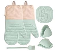 Juego de 6 Manoplas Horno Silicona Antideslizantes, Guantes de Cocina al Calor Resistentes Al Calor De 230°C, 33.5cm Largo Guantes para Horno de Cocina Hornear Cocinar Barbacoa Microondas (Verde)