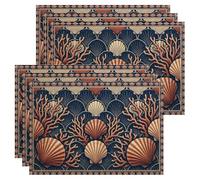 Juego de 6 manteles individuales con diseño de conchas marinas estilo vintage, color azul marino, con patrón de coral, para mesa de comedor, playa, verano, antideslizantes, lavables, para interiores y