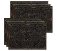 Juego de 6 manteles individuales con diseño de pájaros, estilo gótico, elegante, fronteras ornamentadas, otoño, color negro, lavable, antideslizante, decoración para cocina, interior, exterior, picnic