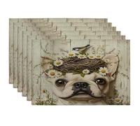 Juego de 6 manteles individuales con diseño de perro bulldog francés de primavera, 12 x 18 pulgadas, divertido cachorro de girasol, 6 piezas para comedor en casa, casa de campo, fiesta de vacaciones