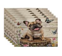 Juego de 6 manteles individuales con diseño de perro bulldog francés de primavera, 12 x 18 pulgadas, tocón de madera floral, 6 unidades, lavables para comedor, decoración de mascotas, vacaciones