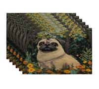 Juego de 6 manteles individuales con diseño de perro carlino de primavera, 12 x 18 pulgadas, estilo de punto, cachorro de jardín, 6 piezas suaves para comedor en casa, diversión para fiestas de