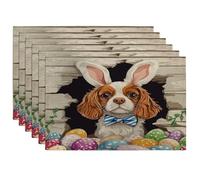 Juego de 6 manteles individuales con diseño de perro Cavalier King Charles Spaniel de Pascua, 12 x 18 pulgadas, huevos rústicos, cachorros, 6 manteles suaves para comedor, diseño de granja, decoración
