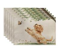 Juego de 6 manteles individuales con diseño de perro cocker spaniel americano de primavera, 12 x 18 pulgadas, diseño de árbol y plantas de jardín, 6 piezas para comedor en casa, diversión para