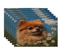 Juego de 6 manteles individuales con diseño de perro pomerania primaveral, 12 x 18 pulgadas, estilo de punto de cachorro de jardín, 6 piezas de manteles suaves para comedor, divertido patrón de