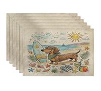 Juego de 6 manteles individuales con diseño de perro salchicha, 12 x 18 pulgadas, diseño de conchas costeras de playa, 6 manteles lavables para el hogar, comedor, fiesta de mascotas, decoración de
