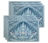 Juego de 6 manteles individuales con escena de castillo de hielo de | Montañas nevadas, manteles individuales de tela, detalles de carámbano, ilustración fantástica, decoración de comedor de