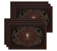 Juego de 6 manteles individuales con vela, elegantes cuervos góticos, hojas de otoño, color negro, lavables, antideslizantes, decoración para cocina, interior, exterior, cena, barbacoa, fiesta, 45,7 x
