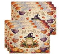 Juego de 6 manteles individuales de anfibios, calabazas de Halloween, sombrero de bruja, color naranja, lavables, antideslizantes, decoración para cocina, interior, exterior, cena, barbacoa, fiesta
