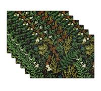 Juego de 6 manteles Individuales de Hojas Verdes con diseño de Hojas de Helecho botánico, Lavables, para Cocina, Comedor, Primavera, Verano, Color Negro, Resistentes a Las Manchas, para Fiestas en