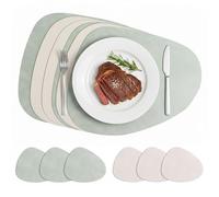 Juego de 6 manteles individuales de imitación de piel, lavables e impermeables, con posavasos, ovalados, antideslizantes, color verde y blanco marfil