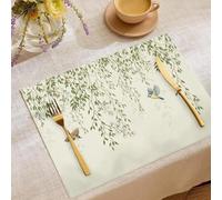 Juego De 6 Manteles Individuales De Lino con Diseño De Pájaros Ramas De Sauce, Realista Ilustrado, Verde, 45X30Cm Manteles Individuales Lavables para Decoración De Cocina Comedor