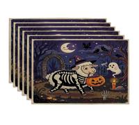 Juego de 6 manteles individuales de ovejas de Halloween, 12 x 18 pulgadas, cementerio de animales de terror, 6 manteles individuales suaves para comedor en casa, fiesta de miedo, decoración de patrón