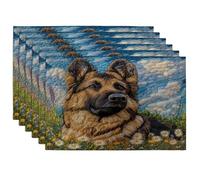 Juego de 6 manteles individuales de pastor alemán de primavera, 12 x 18 pulgadas, estilo de punto de cachorro de jardín, 6 manteles individuales para comedor, decoración divertida de mascotas