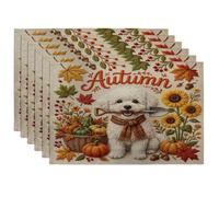 Juego de 6 manteles individuales de perro Bichon Frise de otoño, 12 x 18 pulgadas, planta de cosecha navideña, 6 manteles individuales lavables para comedor en casa, decoración de cocina, fiesta de