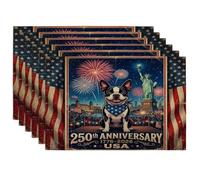 Juego de 6 manteles individuales de perro Boston Terrier de 250 años, 12 x 18 pulgadas, 6 manteles individuales de temporada retro americano para comedor, decoración del hogar y la cocina del 4 de