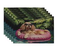 Juego de 6 manteles individuales de perro cocker spaniel americano de verano, 12 x 18 pulgadas, diseño de palmera costera de playa, 6 manteles individuales para comedor en casa, fiesta de mascotas