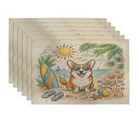 Juego de 6 manteles individuales de perro Corgi, 12 x 18 pulgadas, conchas de playa costeras, 6 manteles individuales de temporada para comedor en casa, fiesta de mascotas, decoración de cocina