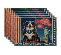 Juego de 6 manteles individuales de perro de montaña bernés de 250 años, 12 x 18 pulgadas, 6 manteles individuales de temporada retro americano para comedor, decoración de cocina del 4 de julio