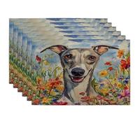 Juego de 6 manteles individuales de perro galgo de primavera, 12 x 18 pulgadas, pintura al óleo con diseño de cachorro de flores silvestres, 6 manteles individuales para comedor, decoración divertida