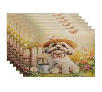 Juego de 6 manteles individuales de perro habanero de primavera, 12 x 18 pulgadas, divertida regadera, 6 manteles lavables para el hogar, comedor en casa, fiesta de mascotas, decoración de cocina