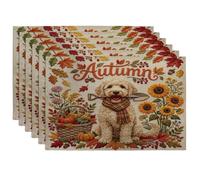 Juego de 6 manteles individuales de perro labradoodle de otoño, 12 x 18 pulgadas, planta de cosecha navideña, 6 manteles individuales lavables para el hogar, comedor en casa, decoración de cocina