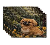 Juego de 6 manteles individuales de perro pequinés primaveral, 12 x 18 pulgadas, estilo de punto de cachorro de jardín, 6 manteles individuales suaves para comedor en casa, diversión para fiestas de