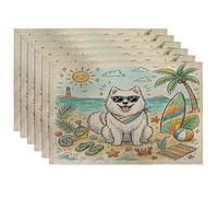 Juego de 6 manteles individuales de perro samoyedo, 12 x 18 pulgadas, conchas de playa costeras, 6 manteles individuales de temporada para comedor en casa, fiesta de mascotas, decoración de cocina