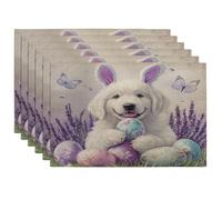 Juego de 6 manteles individuales de primavera y Pascua con diseño de perro de los Grandes Pirineos, 12 x 18 pulgadas, bonitos huevos de lavanda, 6 unidades, lavables para comedor, decoración de
