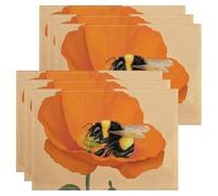 Juego de 6 manteles individuales decorativos con diseño de abeja y amapola, diseño floral vibrante para mesa de comedor, primavera, verano, antideslizante, lavable, para interiores y exteriores
