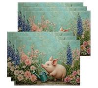 Juego de 6 manteles individuales decorativos para mesa de comedor, diseño de cerdos y flores, para primavera y verano, antideslizantes, lavables para interiores y exteriores, para cocina, fiesta