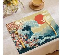 Juego de 6 Manteles Individuales Estilo Japonés Ukiyo-E Lavables, Azul Manteles Individuales Flores De Cerezo Olas Del Océano Resistentes al Calor Fácil de Limpiar, para Mesa de Comedor Cocina 45x30cm