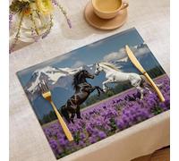 Juego De 6 Manteles Individuales Lavables con Manada Caballos Salvajes Flores Naturales Pradera Azul Grisáceo, 30X45Cm, Salvamanteles Individual para Banquetes De Vacaciones Cocina Fiestas Decoración