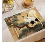 Juego de 6 Manteles Individuales Pintura Oriental con Tinta Cotone e Lino, Mantel Individual Blanco Grulla De Corona Roja Pino Antideslizante Lavable, decoración para Fiestas Cocina Comedor 45x30cm