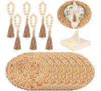Juego de 6 manteles individuales redondos de jacinto de agua, estilo granja, con anillos de cuentas de madera y servilletas, kit de mesa bohemio resistente al calor para comedor y entretenimiento