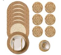 Juego de 6 manteles individuales tejidos de ratán (incluye 6 posavasos a juego), 33 cm, hechos a mano, manteles individuales naturales, manteles individuales redondos para mesa de comedor, cocina